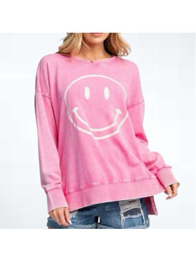 Easel Mineral Washed Smiley Happy Face Crewneck Pullover Top Size S